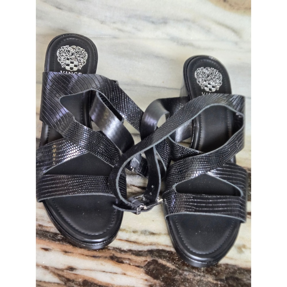 Vince Camuto Deverey Black Leather Block Heel‎ Strappy Sandals 7 VC-DEVEREY